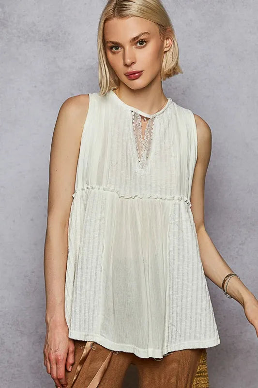 POL White Lace Trim Round Neck Tank with Pintuck Detail