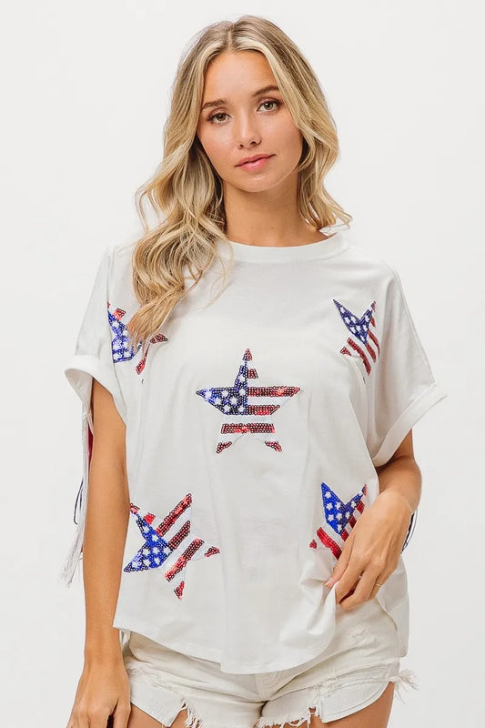 BiBi American Flag T-Shirt with Sequin Stars. Fringe on the back. 