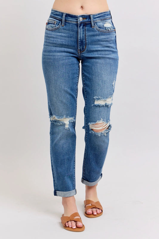Judy Blue Vintage Wash Boyfriend Destroyed Jeans. Medium Wash.