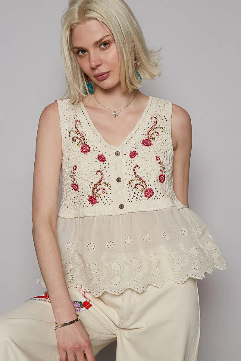 POL Cream Embroidered Detail V-Neck Eyelet Peplum Tank