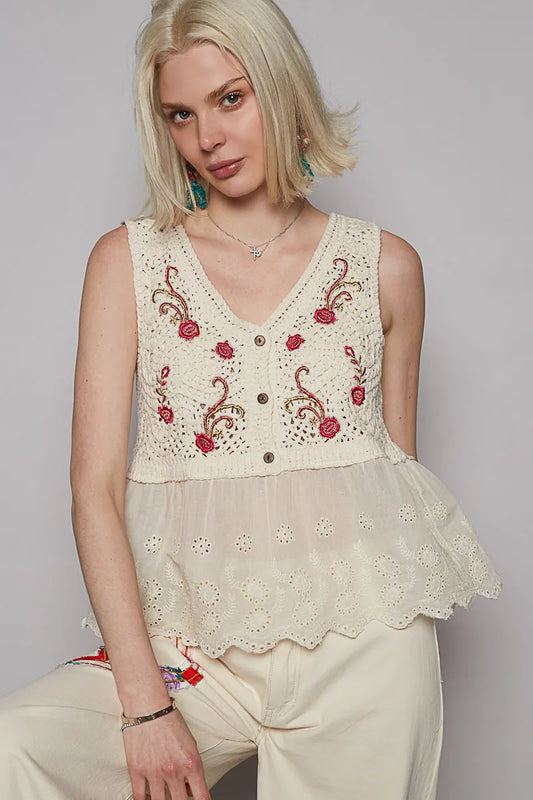 POL Cream Embroidered Detail V-Neck Eyelet Peplum Tank