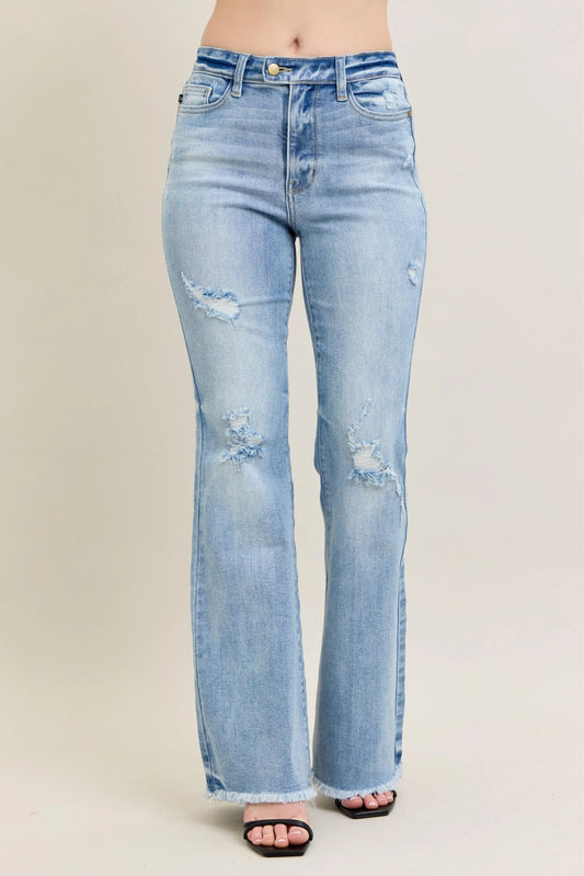 Judy Blue High Waist Distressed Flare Jeans. Light Wash.