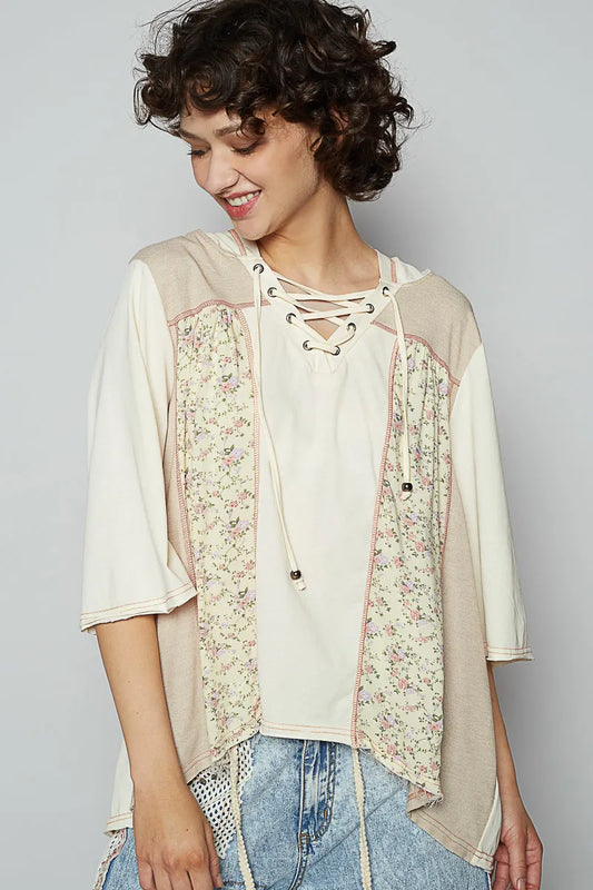 POL Cream Lace-Up Hooded T-Shirt with Paisley Panel Detail