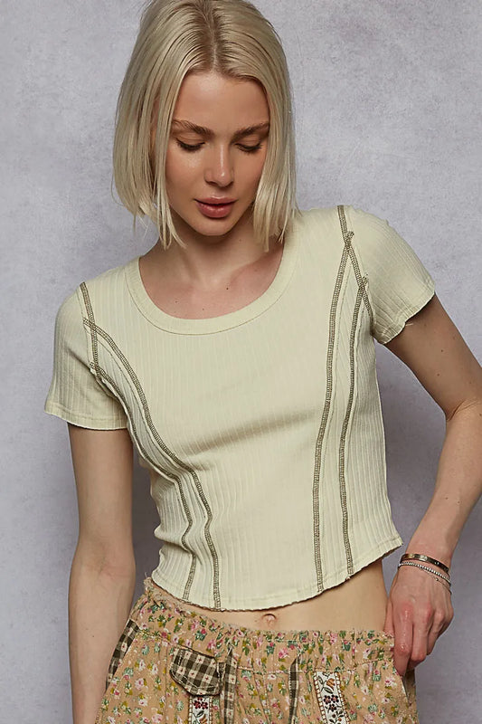 POL Sage Green Contrast Stitching Round Neck Crop T-Shirt