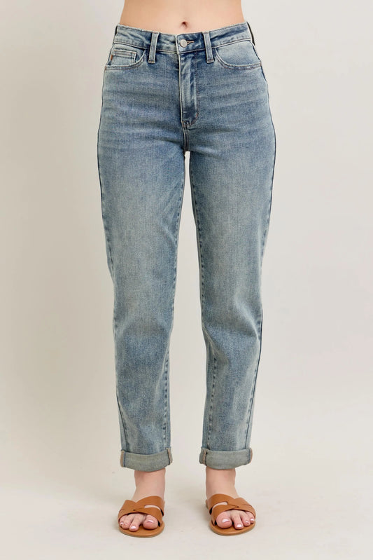 Judy Blue High Waist Vintage Wash Double Roll Cuff Boyfriend Jeans. Medium Wash.