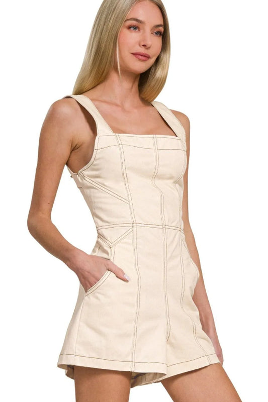Zenana Oatmeal Color Tie Back Romper