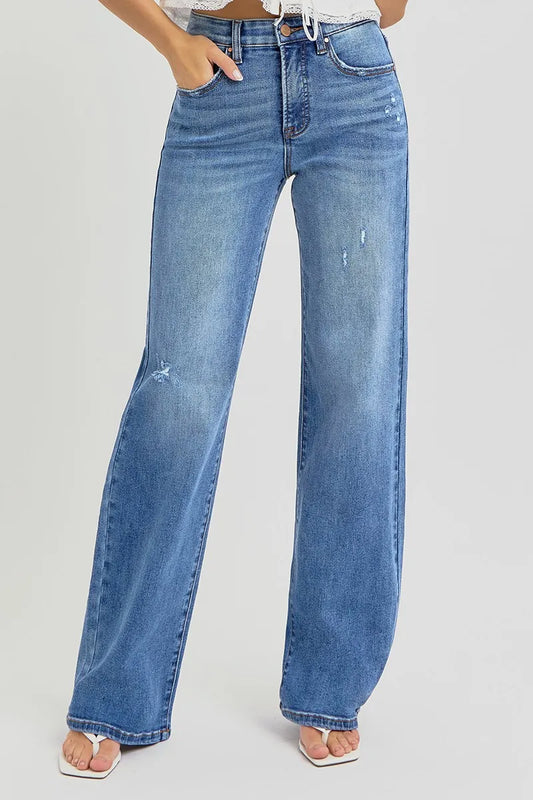 RISEN Tummy Control Elastic Band High Rise Wide Leg Jeans. Medium Wash.