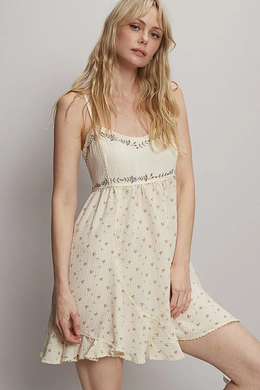 POL Ruffled Hem Cream Floral Print Cami Mini Dress