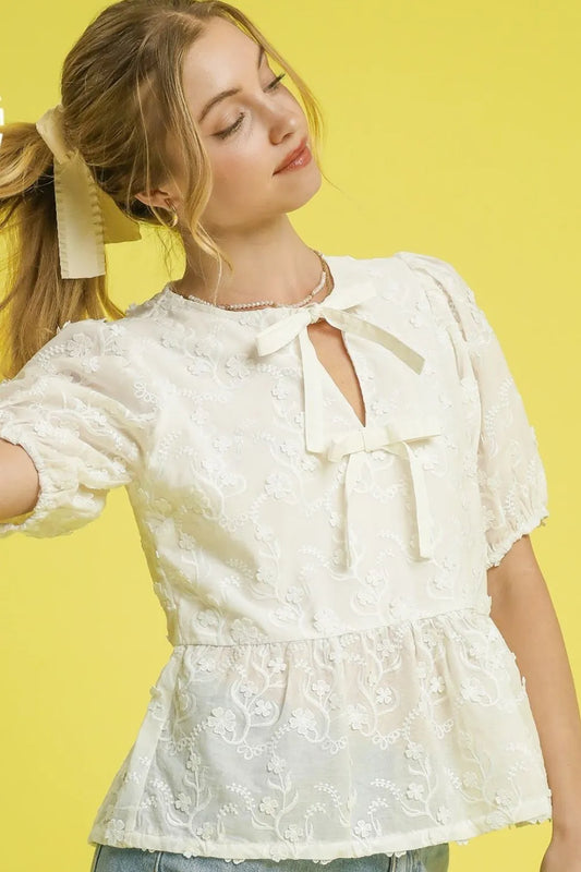 Umgee Cream Embroidered Tie Front Peplum Blouse