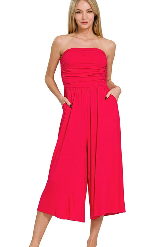 Zenana Red Double Layered Strapless Tube Top Jumpsuit